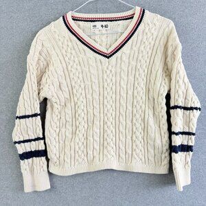Cotton On Kids Cable Knit V-Neck Sweater Cream Navy Stripes Sz 9-10